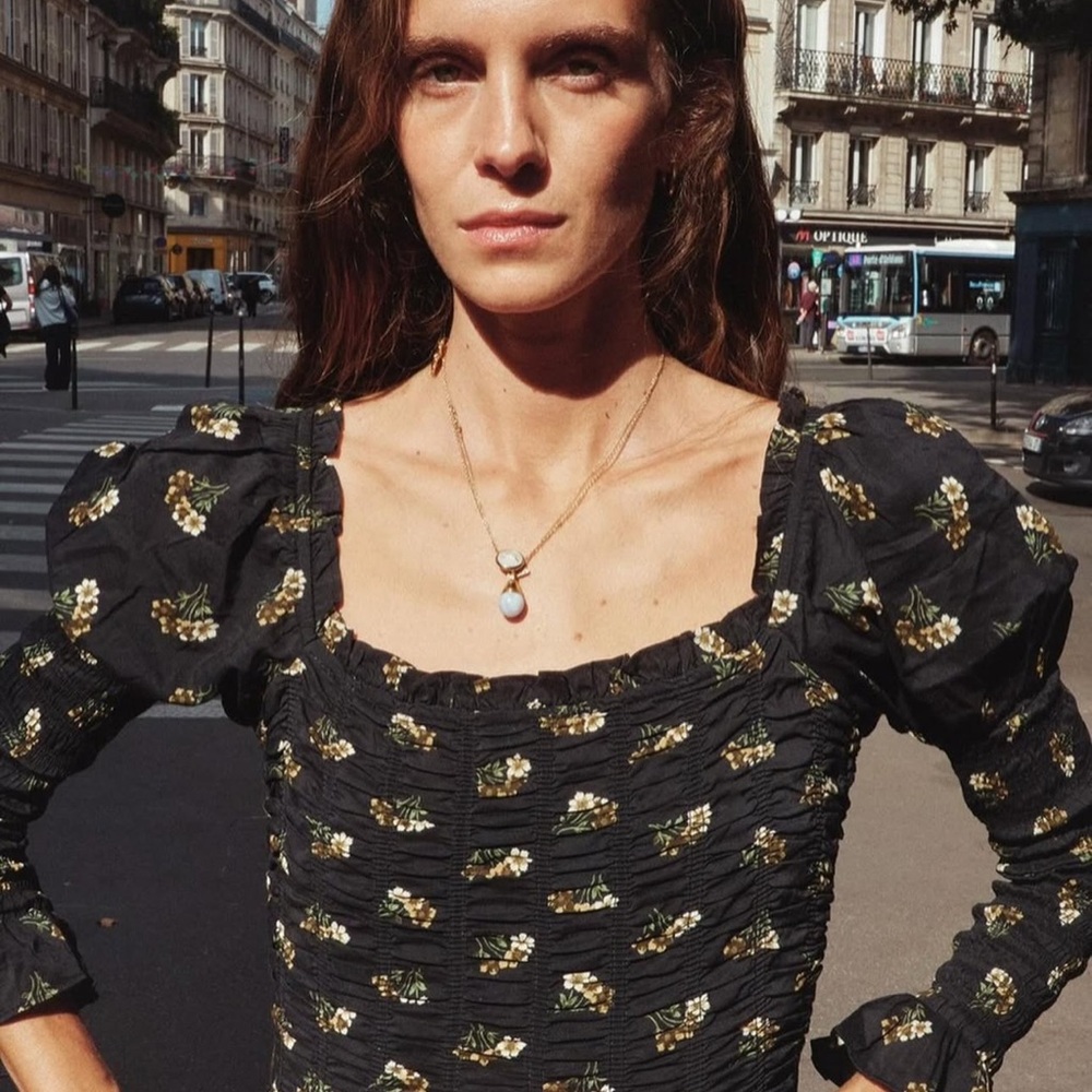 NWT Doen wilmina dress, black gold floral print, buttercup bouquet print